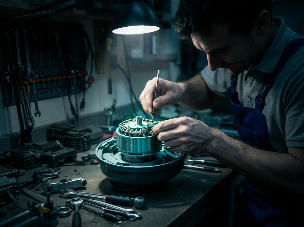 A technician carefully repairing a vacuum motor